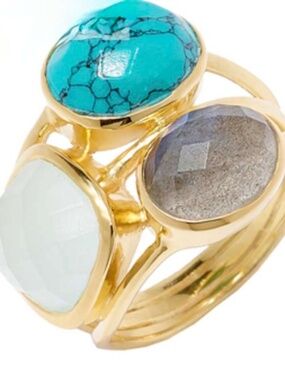 TRIPLE STONE RING, SIZE 7, 18K GOLD PLATED & STERLING SILVER BEZEL SET CHALCEDON